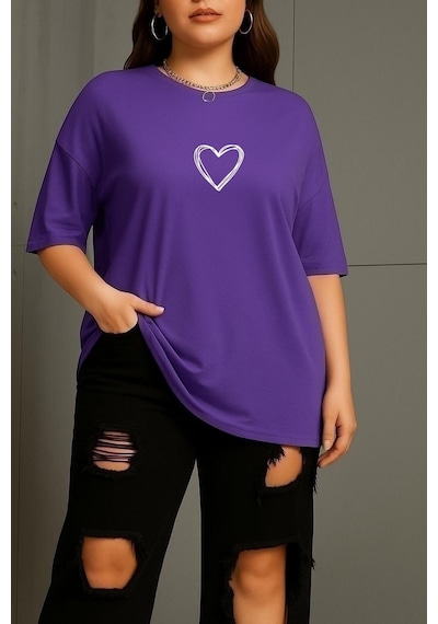 Büyük Beden Kalp Baskılı Unisex Tişört Mor