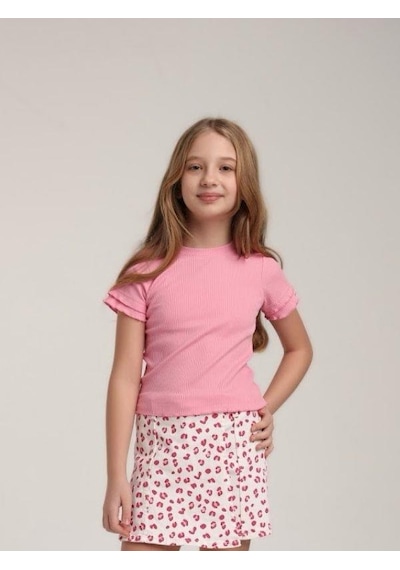 Escabel Kız Çocuk Pamuklu Kolları Kısa Fırfırlı T-shirt-15611 Pembe
