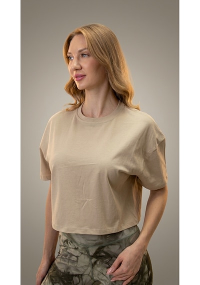 Heyy's Oversize Kadın Crop Taş Rengi T-shirt Taş