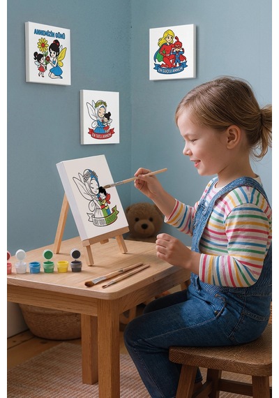 En Tatlı Annem Yazılı Eğitici Boyama Tuvali Şövaleli Boya Seti 20x20 Cm