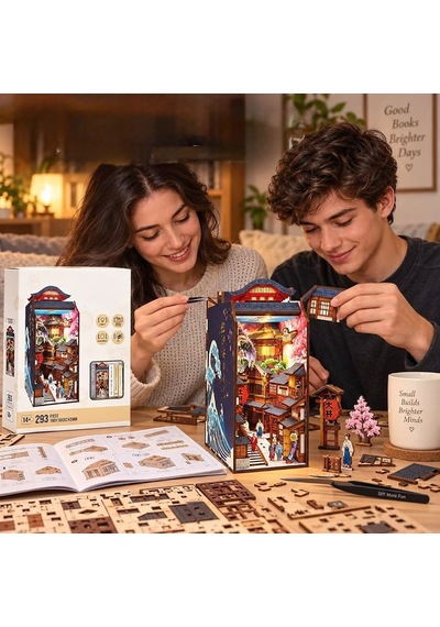 Işıklı Ahşap 3 Boyutlu Puzzle Kitap Arası Dekor 223 Parça Kütüphane Tasarımlı Dekoratif Puzzle