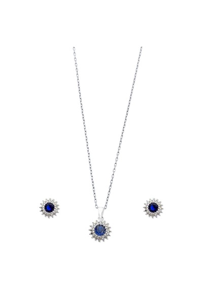 Oya Silver Minimal Klasik Anturaj Modeli Safir Taşlı Gümüş Kolye & Küpe Seti