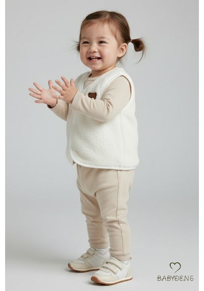 Babyden's Welsoft Kız Bebek Çocuk Çıtçıtlı Yelek Yumuşak Dokulu,ayıcık Armalı,peluş Bebek Yeleği Ekru