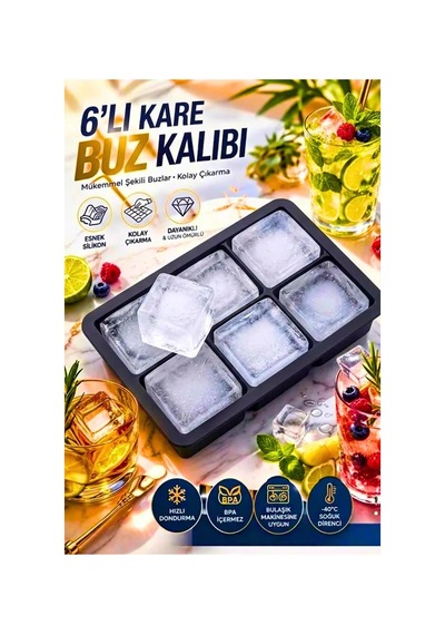 6 Bölmeli Silikon Buz Kalıbı - 6'li Silikon Kare Buzluk Kokteyl Sunum Buz Kalıbı Siyah - Kırmızı
