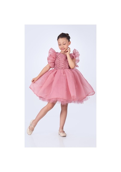 Mnk Baby & Kids Maronia Kız Çocuk Prenses Model Abiye Elbise - Pembe M00746 Koyu Pembe