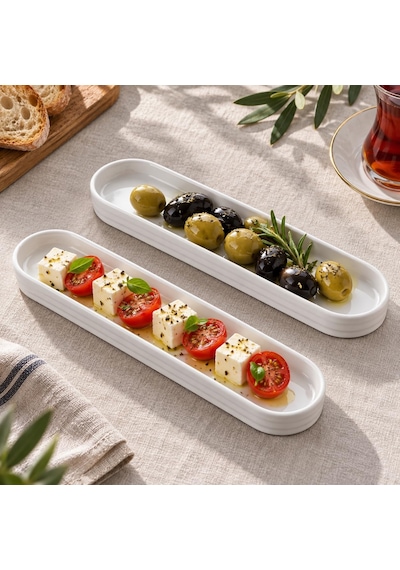 Porselen Oval Tabak 2'li Set, 26,2 7 1,9 Cm, Beyaz İnce Uzun Zeytinlik, Kahvaltılık Peynir Meze Ve Atıştırma Diğer