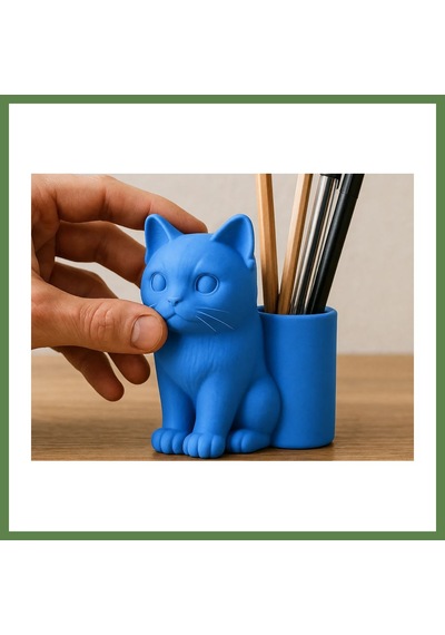 Bezos 3d Baskı Kedi Figürlü Kalemlik - Masaüstü Organizer - Mavi Hb006