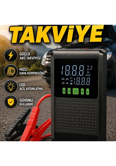 Araç Akü Takviye Cihazı Ve Kablosuz Dijital Hava Kompresörü Powerbank Özellikli