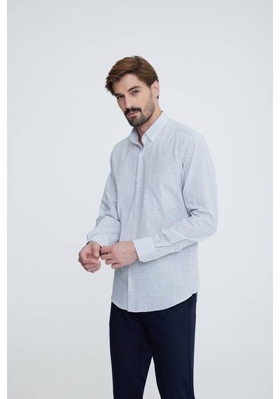 Erkek Beyaz Mavi Uzun Kol Regular Fit Yaka Düğmeli Gömlek Beyaz - Mavi