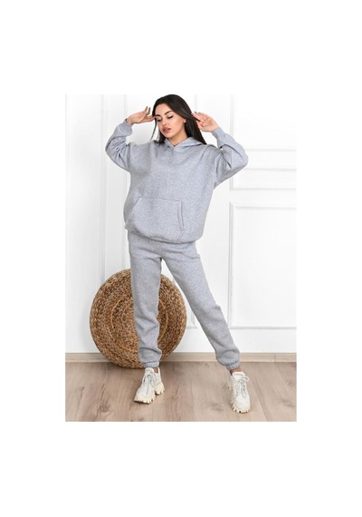 Düz Basic Eşofman Takımı Sweatshirt Jogger - Gri Oversize Şardonlu Kapüşonlu Gri