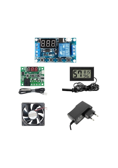 Kuluçka Makinesi Seti - 5 Parça - W1209 Termostat 12v - Isı Nem Ölçer - 12v Adaptör - 80x80 12v Fan - Zaman Rölesi-4928