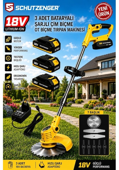 Schutzenger 88VR 3 Adet Akülü Şarjlı Tırpan Ot Çim Biçme Makinesi 18v Başlık Hediyeli Germany Pro Seri Sarı