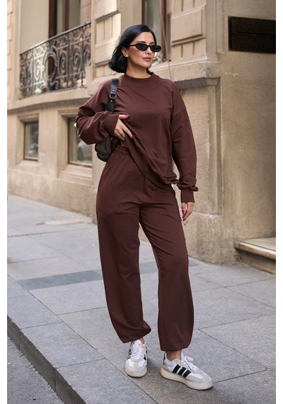 Mezka Regular Fit 2'li Takım Sweatshirt Beli Lastikli Jogger Eşofman Altı Kahverengi