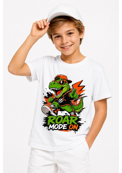 Bayloranzzo Roar Mode On %100 Pamuk Premium Kalite Erkek Çocuk Tişörtü Beyaz