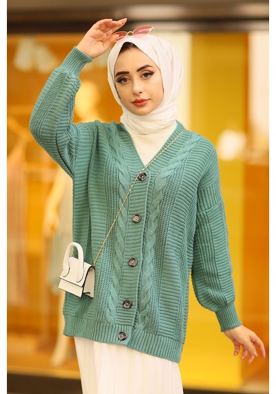 Oversize Kadın Tesettür Triko Hırka Su Yeşili Mint Yeşili