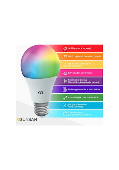 Akıllı Wifi Led Ampul Rgb Çok Renkli Tuya Ve Smart Life Uygulama Destekli 9w 2700k-6500k Ayarl Diğer