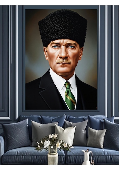 Ahşap Tablo Kalpaklı Lider Siyah Beyaz Atatürk