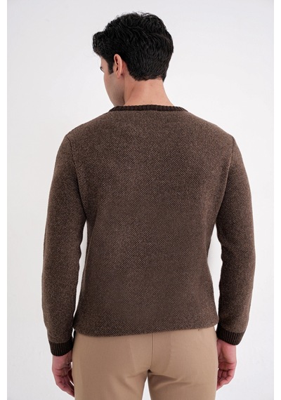 Slim Fit Renkli Ribanalı Kahverengi Vizon Yünlü Bisiklet Yaka Triko Kazak Tr 890 Kahverengi-vizon