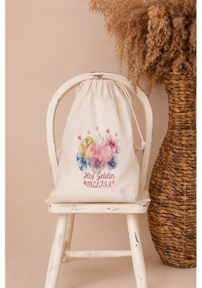 İsme Özel Kız Bebek Çocuk Kıyafet Kesesi 30x40 Cm %100 Pamuk Ham Bez İsim Baskılı Yıkanabilir Kişiye Özel Kese 2080kk Ekru