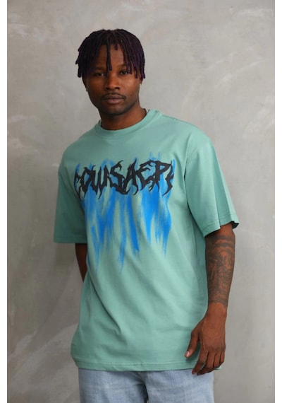 Barlashive Erkek Baskılı T-shirt Kısa Kol Bisiklet Yaka Rahat Kalıp Tişört - Mint Yeşili Çok Renkli