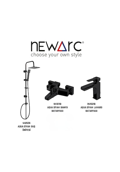 Newarc Aqua 440536 + 941511B + 941521B Batarya Duş Ünitesi Set Siyah