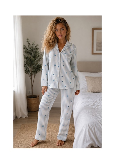 Fit Women Kadın Örme Gömlek Yaka Mavi Pijama Takımı