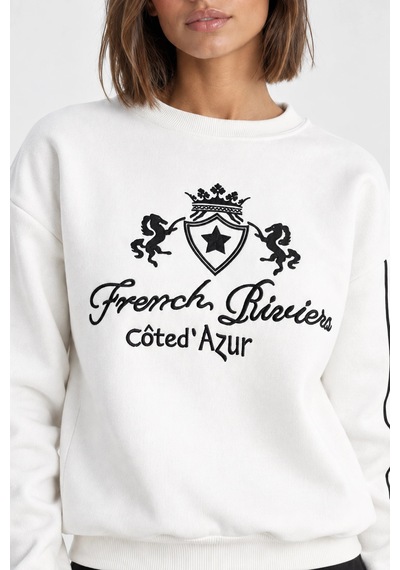 Mevese Kadın Nakış İşlemeli Bisiklet Yaka Sweatshirt - Üç İplik Şardonlu Sıcak Tutan Üst - Ekru Mevese Kadın Nakış İşlemeli Bisiklet Yaka Sweatshirt - Üç İplik Şardonlu Sıcak Tutan Üst - Ekru