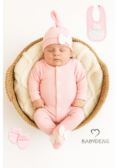 Babyden's 4 'lü Kız Bebek Fitilli Yenidoğan Bebek Tulum Seti %100 Pamuklu Hastane Çıkışı Açık Pembe