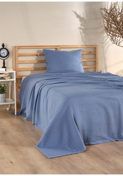 Tek Kişilik Örgü Desen Pike Yatak Örtüsü Seti 160x230 Cm Pike 50x70 Cm Yastık Soft Mavi