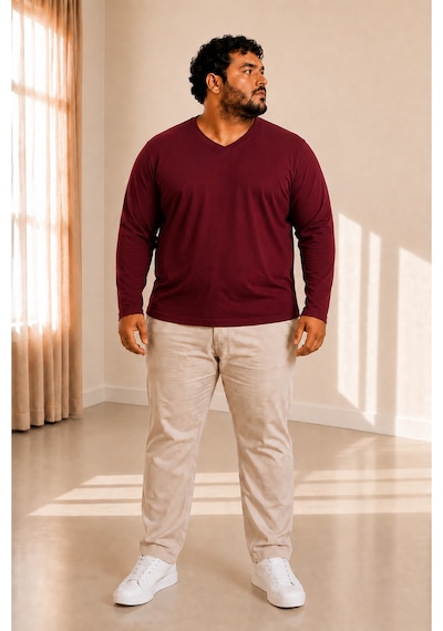 Sngl Tekstil Erkek Büyük Beden Oversize Uzun Kollu V Yaka T-shirt 3xl 4xl 5xl 6xl 7xl 8xl 9xl Bordo