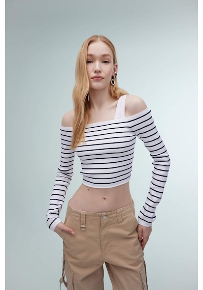 DeFacto Slim Fit Dar Kesim Çizgili Açık Omuz Triko Kazak B7573AX24SPNV31 Lacivert