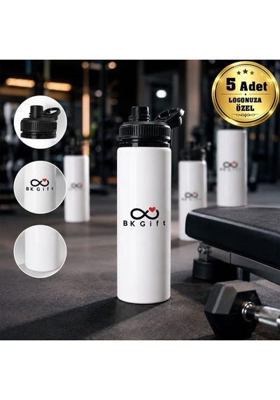 Logonuza Özel 5 Adet Askılı Alüminyum Su Matarası - 800 Ml Kurumsal Matara Siyah