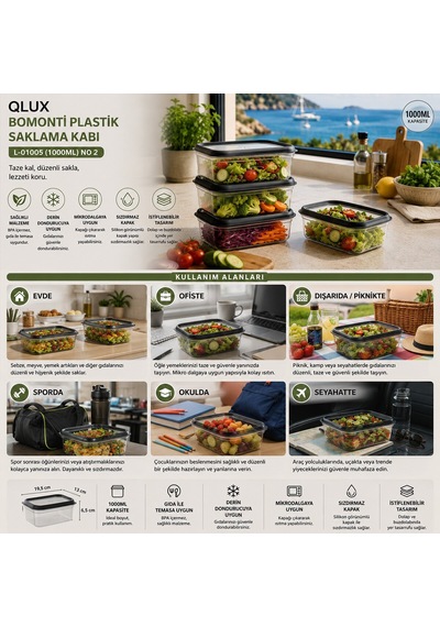 Qlux L-01005 No-2 Bomonti Plastik Saklama Kabı 3'lü Set - 1000 Ml- 6'li Paket Diğer