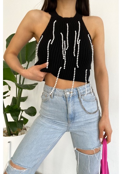 Femelle Kadın Siyah Halter Yaka Boncuklu Triko Crop Bluz