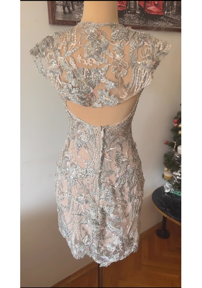 Chica Rosa Fashion Pelerinli Kristal İşlemeli Askılı Mini Elbise Gri - Mavi