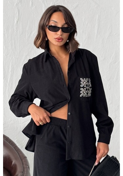 Verymoda Fitilli Kadife İşlemeli Gömlek - F1997 SİYAH