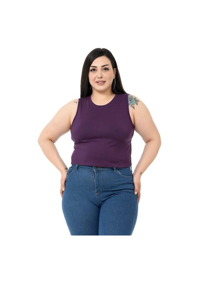 Disentis Büyük Beden Bisiklet Yaka Kolsuz Crop Viskon Mürdüm Body-mürdüm Mürdüm