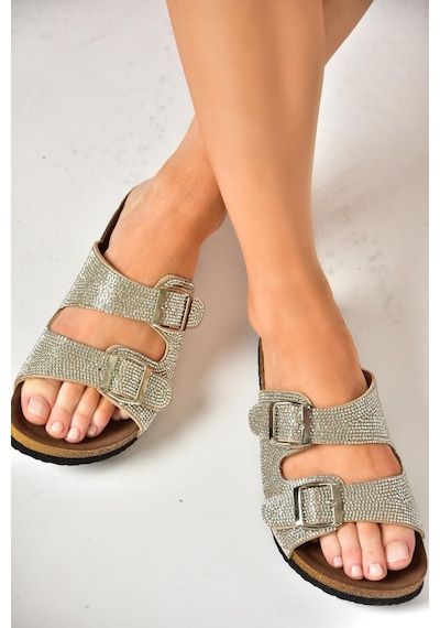Fox Shoess777527502 Bej Süet Taşlı Kadın Terlik Bej