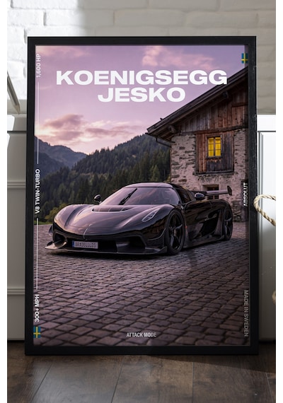Koenigsegg Jesko Siyah Ahşap Çerçeveli Poster, Dekoratif Araba Duvar Tablosu