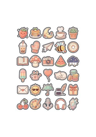 30 Adet Pastel Tatlı Objeler Sticker Seti - Laptop Defter Ajanda Çok Renkli