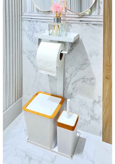3'ü 1 Arada Banyo Seti Tuvalet Kağıtlık, Çöp Kovası Ve Tuvalet Fırça Takımı Beyaz - Kahverengi