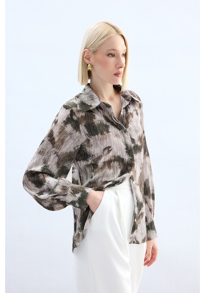 Sateen Desenli Gömlek - Kahve-136914 kahve