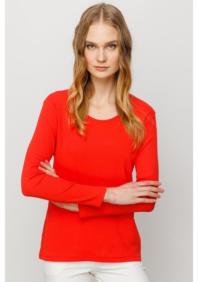 Kadın Sıfır Yaka Uzun Kol Basic Pamuklu Bluz Oranj Oranj