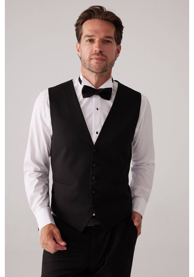 Ysf Erkek Siyah Mono Yaka Slim Fit Yelekli Damatlık
