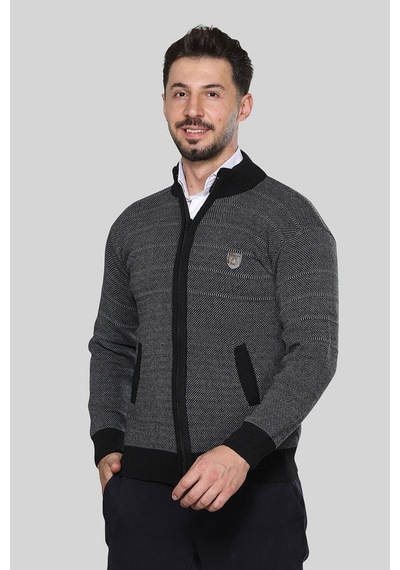 Kzctekstil Erkek Triko Akrilik Kalın Dokulu Klasik Fit Fermuarlı Cepli Kışlık Baba Hırka Siyah