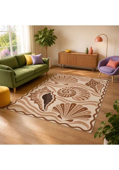 Kartela Halı Deniz Kabuğu Desenli Halı Bakır Kaymaz Taban Makinede Yıkanabilir Salon Halısı 60x90 Cm