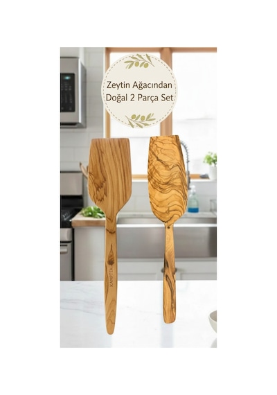 Kamptek Zeytin Ağacı El Yapımı 2'li Mutfak Seti - Doğal Ahşap Spatula Ve Servis Sunum Gereci Ahsap