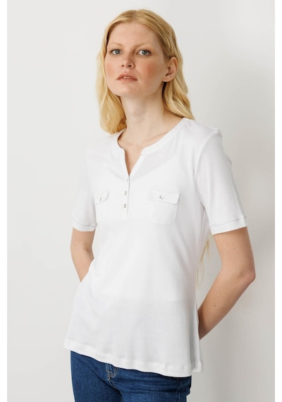 Kadın Açma Yaka Önü Cepli Pamuklu T-shirt Beyaz Beyaz