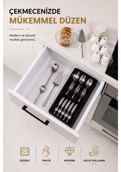Çekmece İçi Kaşıklık Organizer Bölmeli Mutfak Düzenleyici Siyah S-11030