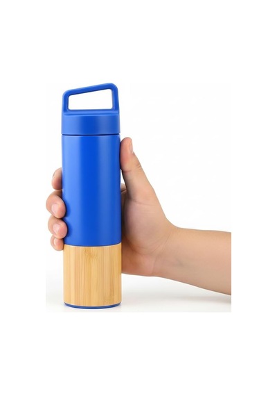 600 Ml Bambu Tabanlı Kulplu Çelik Termos Mug - 5 Renk Seçenekli Sıcak/soğuk Tutucu Seyahat Bardağı Mavi Çok Renkli